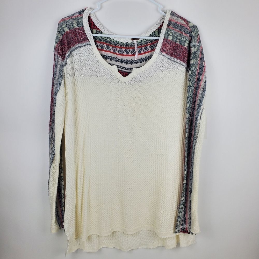 FREE PEOPLE Raw Edge Striped Thermal Long Sleeve Hi Low Tunic Top Shirt Sweater - Picture 3 of 9